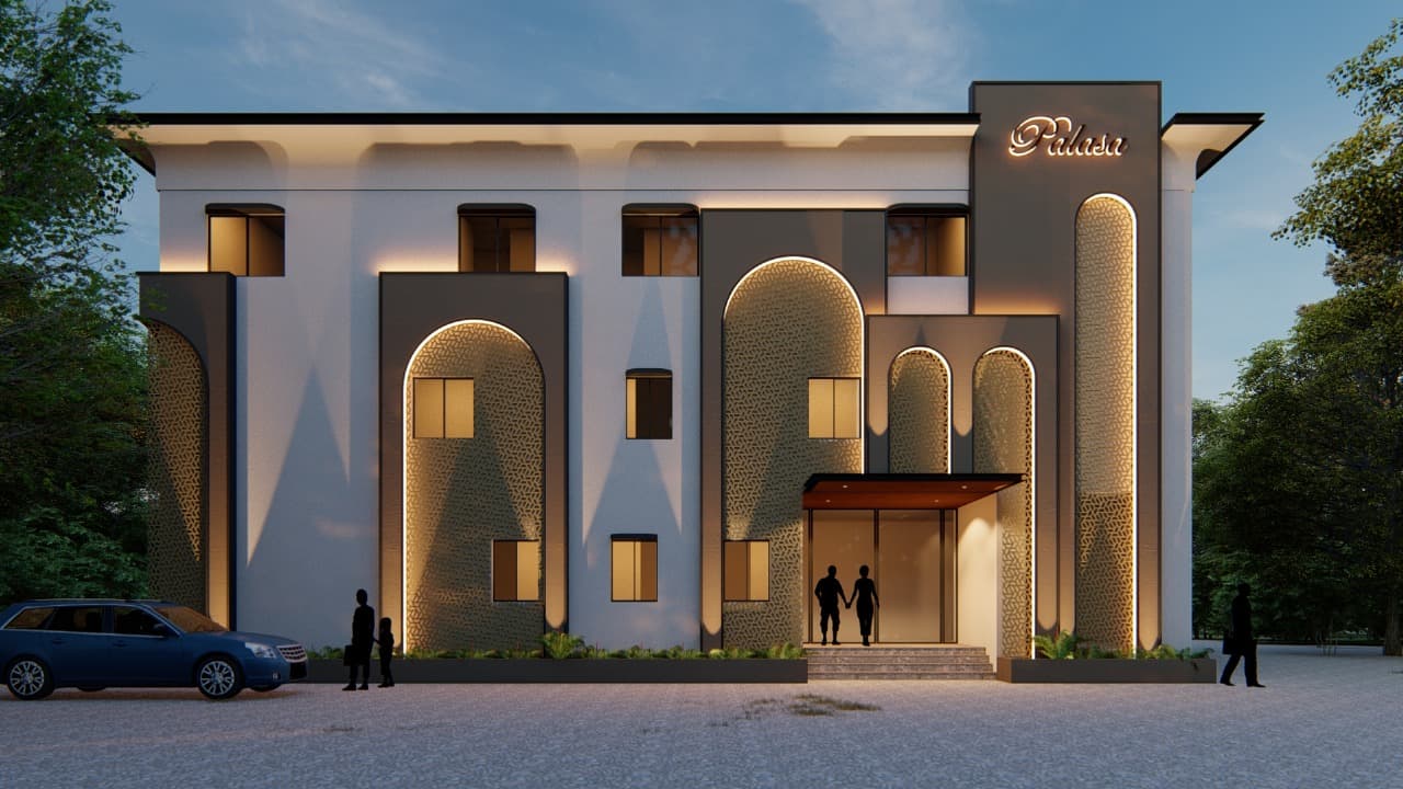 The Palasa building at dusk, illuminated arched facade with the Palasa signage
