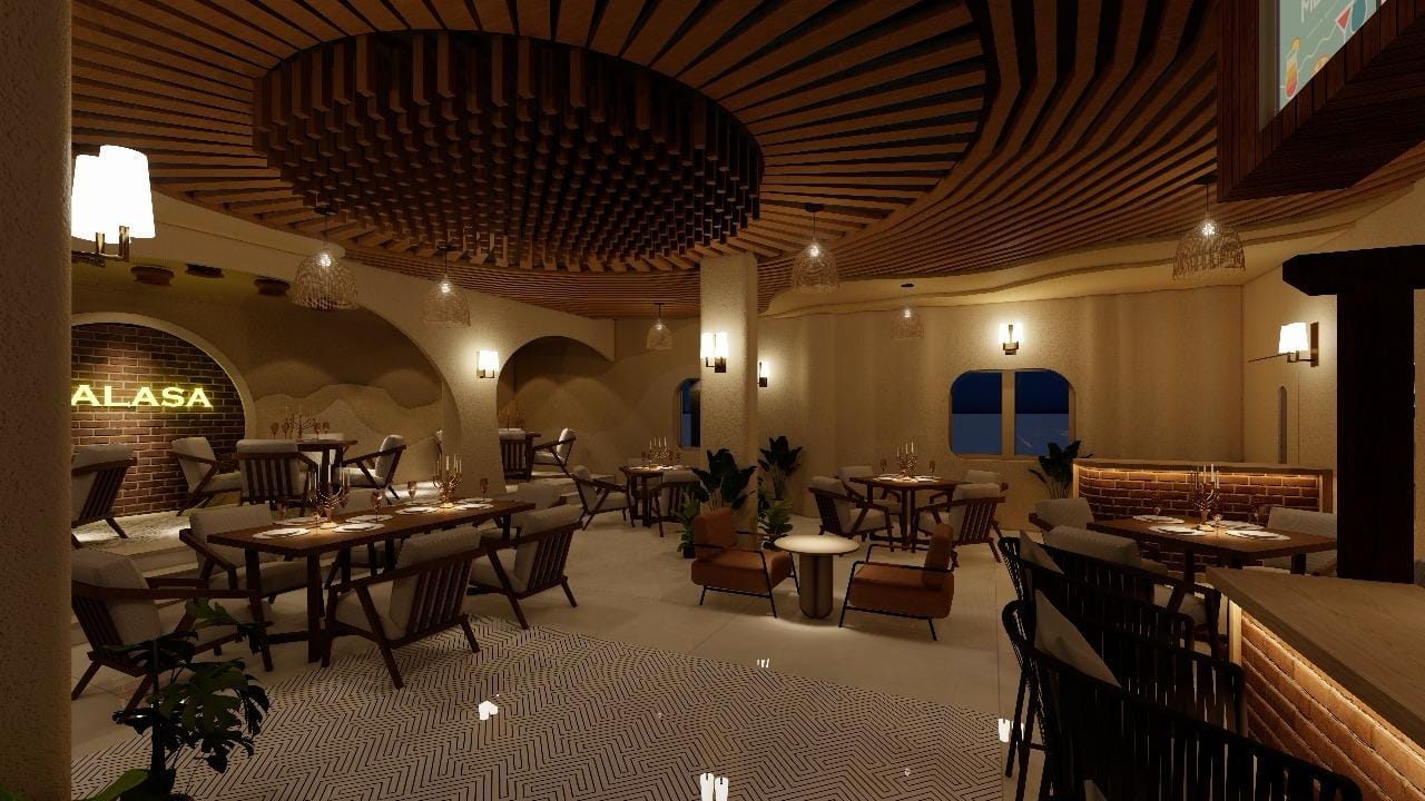 The bar at Palasa, menu boards lit above the counter